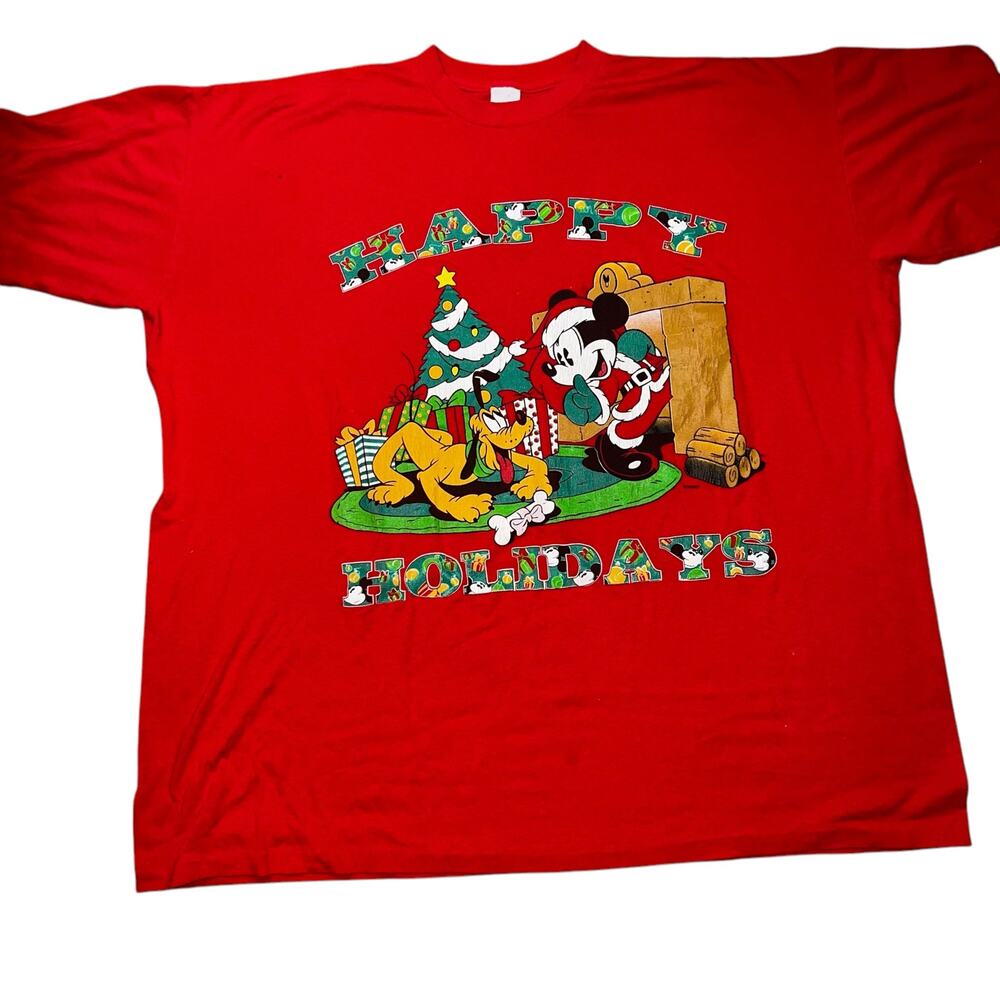 Vintage Disney Christmas Tshirt Mickey Mouse Santa and pluto Happy Holiday read*